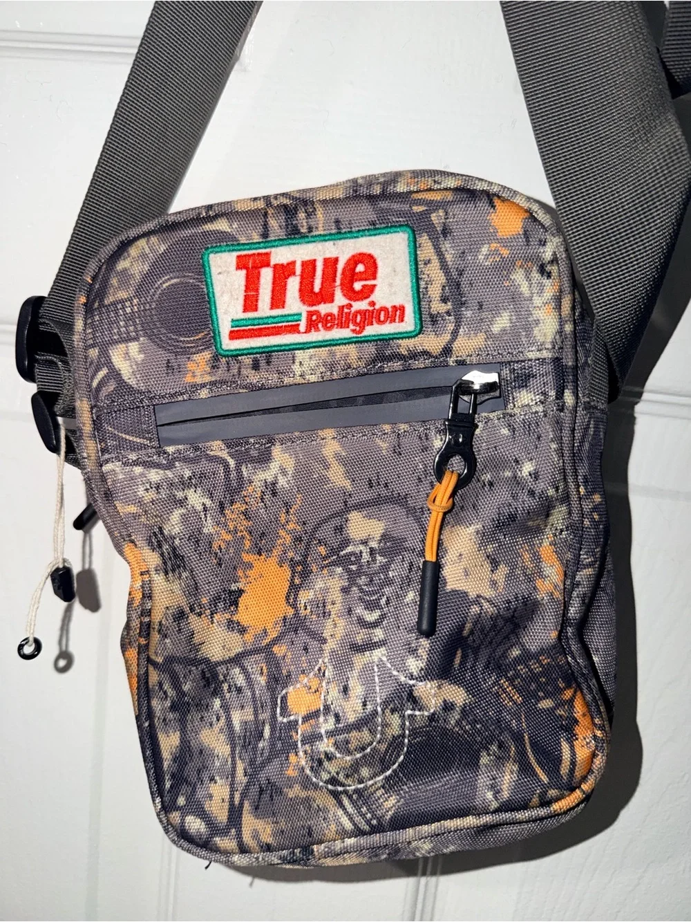 True Religion Camo Print Crossbody Bag Grey Orange Utility Shoulder Bag